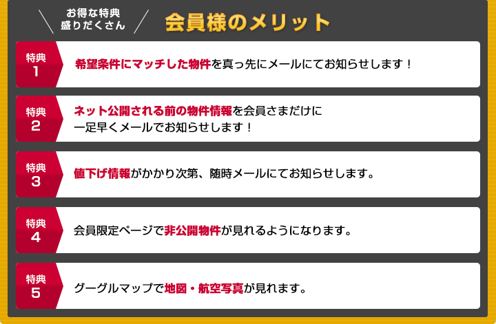 会員さまのメリット特典1希望条件にマッチした物件を真っ先にメールにてお知らせします！ 特典2ネット公開される前の物件情報を会員さまだけに一足早くメールでお知らせします！ 特典3値下げ情報がかかり次第、随時メールにてお知らせします。 特典4会員限定ページで非公開物件が見れるようになります。 特典5グーグルマップで地図・航空写真が見れます。